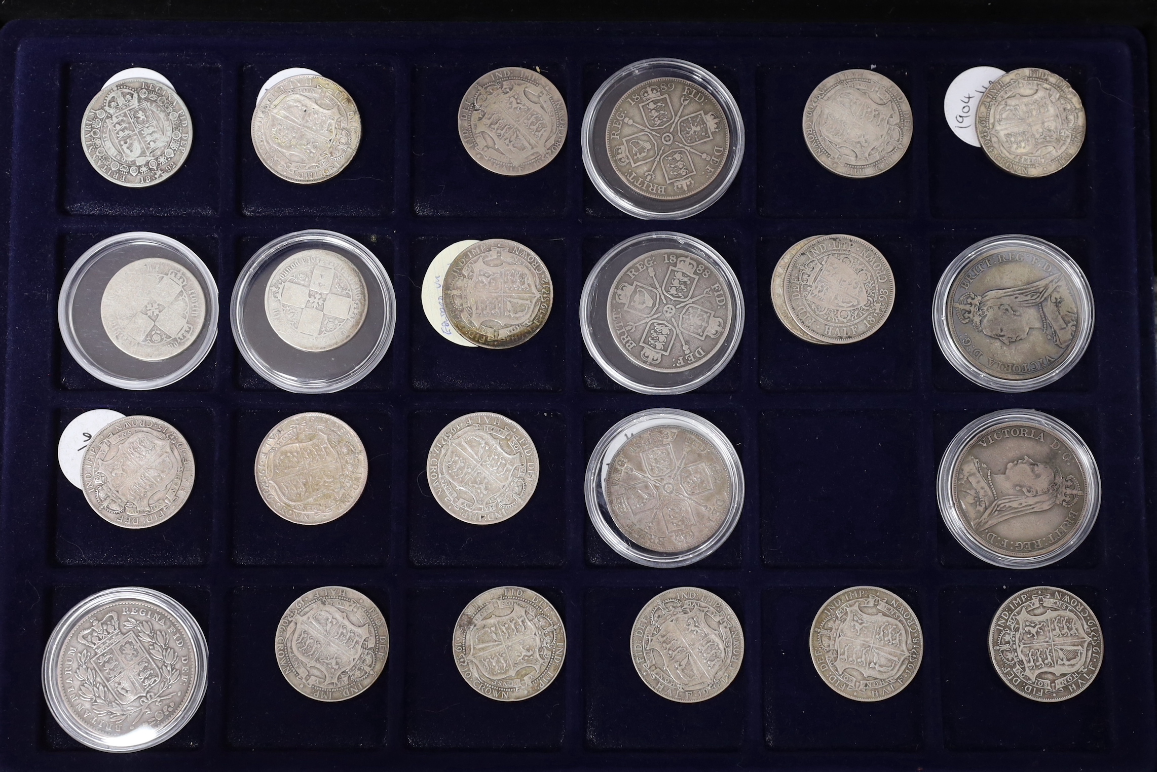 UK coins, a case of George III to George VI silver crowns, half crowns, florins, shillings, 6d, 3d, pennies etc